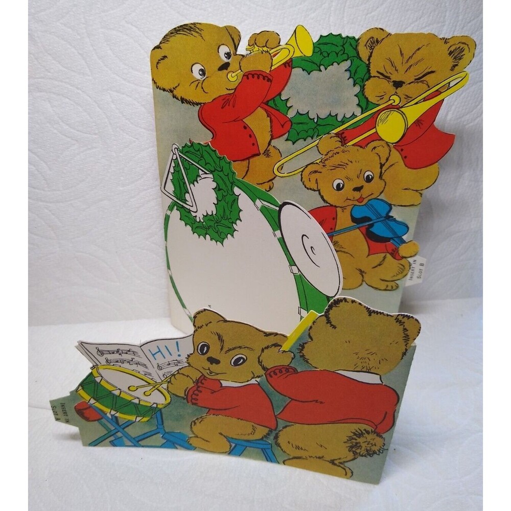 Christmas Greeting Card Brown Bears Musicians Diecut Foldout Standup Vintage